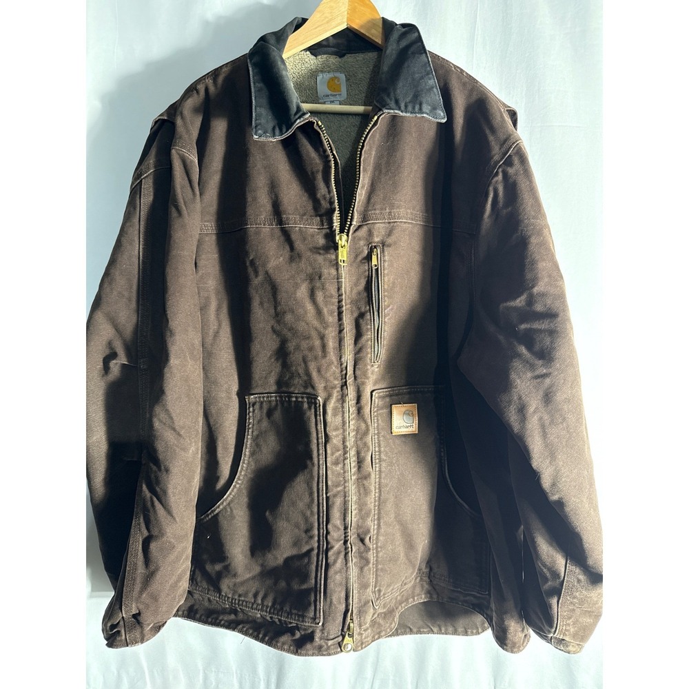 Carhartt Mens 2XL Sandstone Ridge Coat Sherpa Lined Dark Brown Canvas Jacket